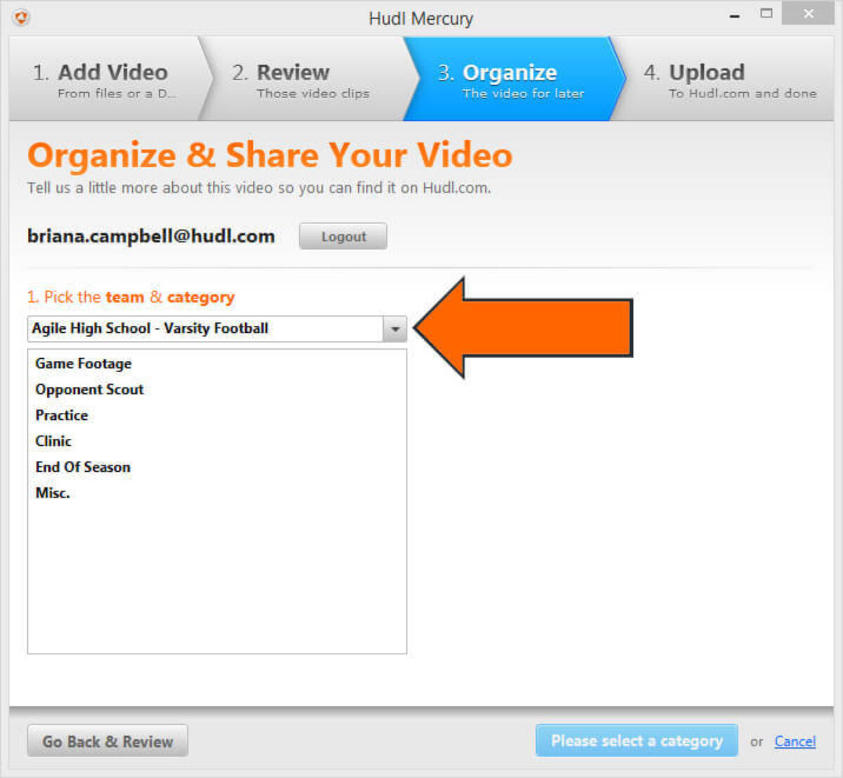 how to Download Hudl Mercury to Upload Video - Add Media Files Select Team arrow. 