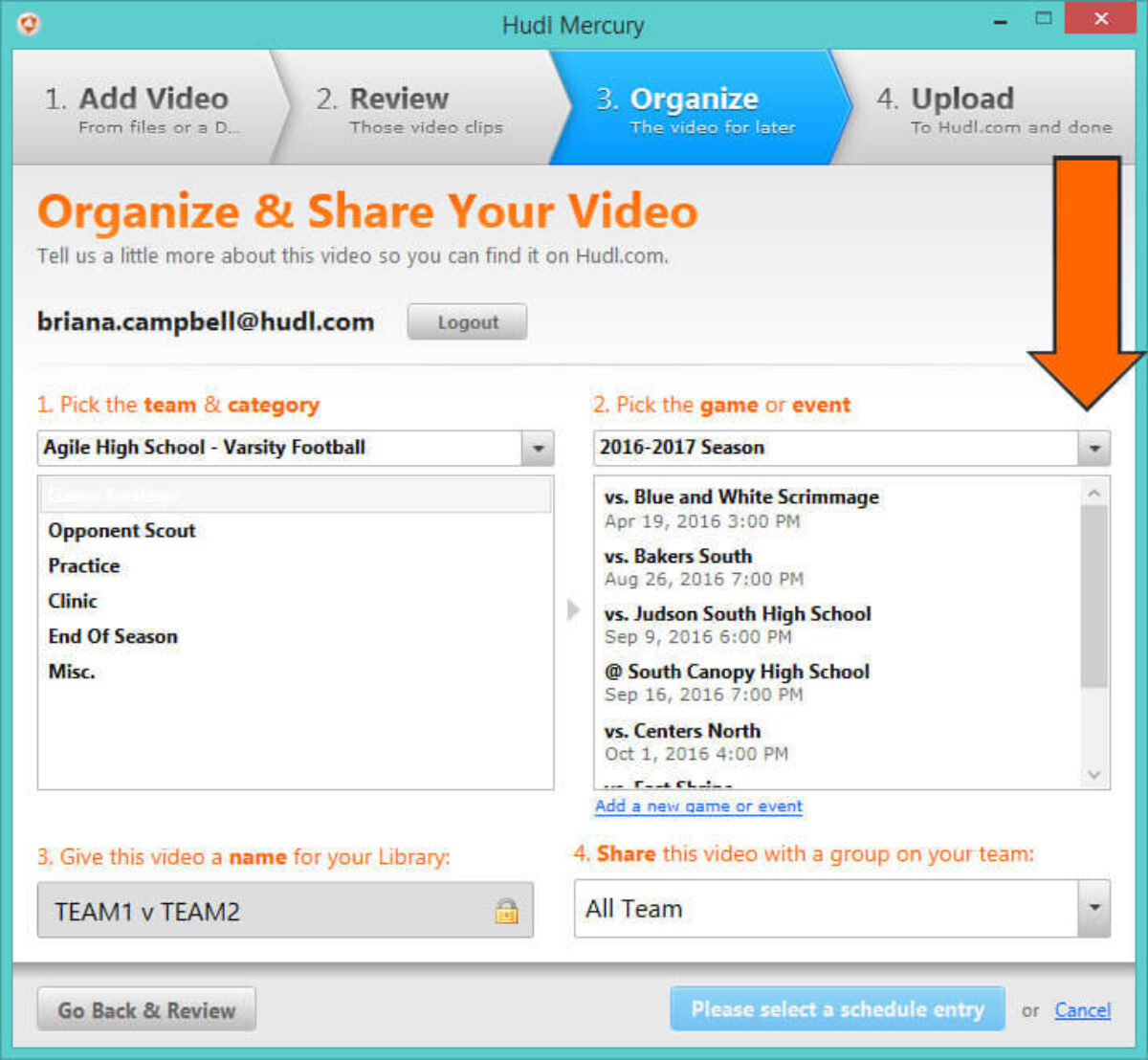 how to Download Hudl Mercury to Upload Video - Use the drop-down to select the cor­rect season.