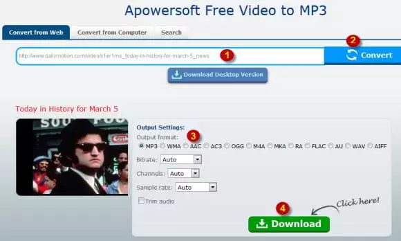 uses Apowersoft Free Video to MP3 to download dailymotion audio